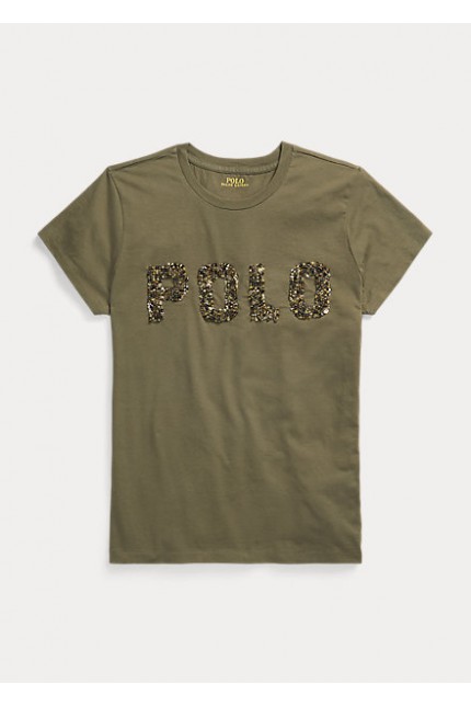 T-shirt manica corta in cotone verde con scritta in paillettes Ralph Lauren T-shirt manica corta in cotone verde con scritta in paillettes Ralph Lauren