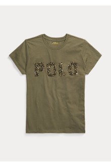 T-shirt manica corta in cotone verde con scritta in paillettes Ralph Lauren