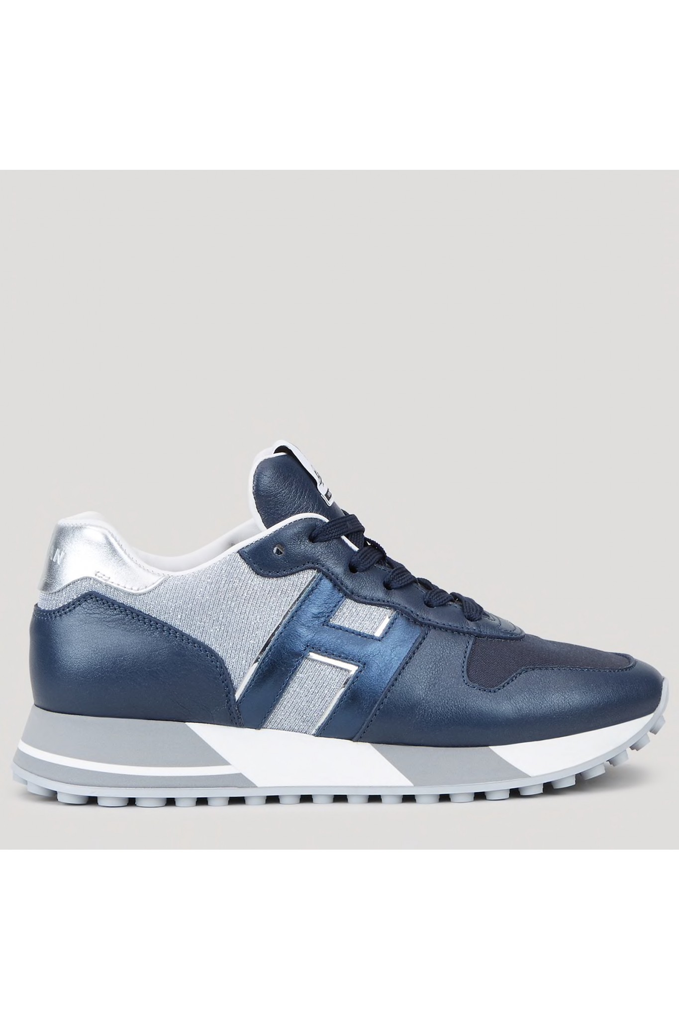 shop online Hogan H383 sneakers in navy leather and silver shiny canvas.