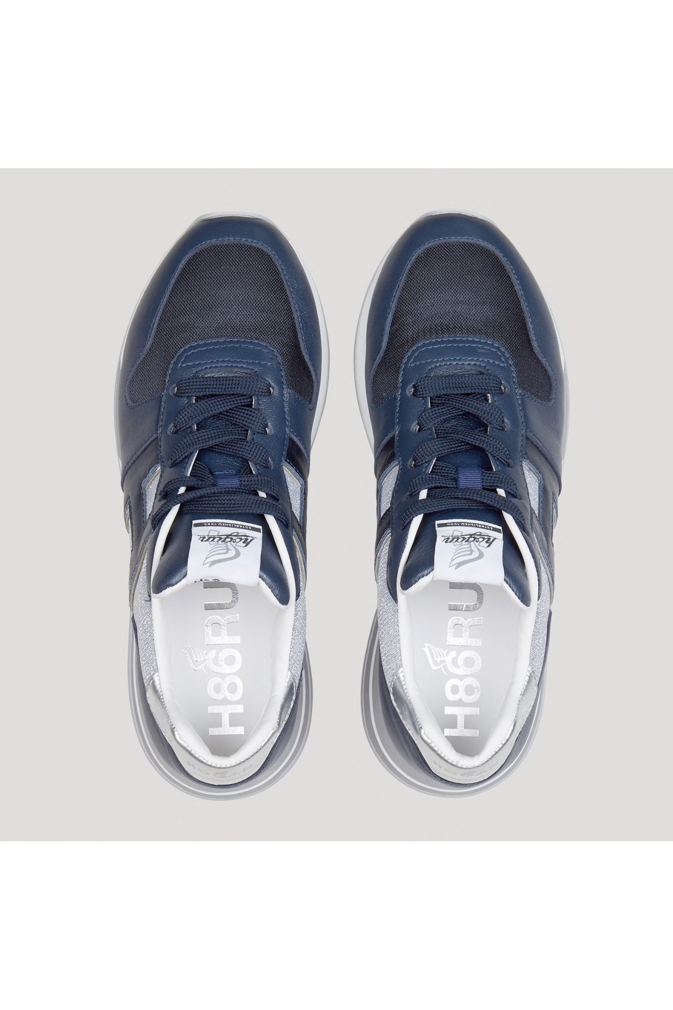 shop online Hogan H383 sneakers in navy leather and silver shiny canvas.