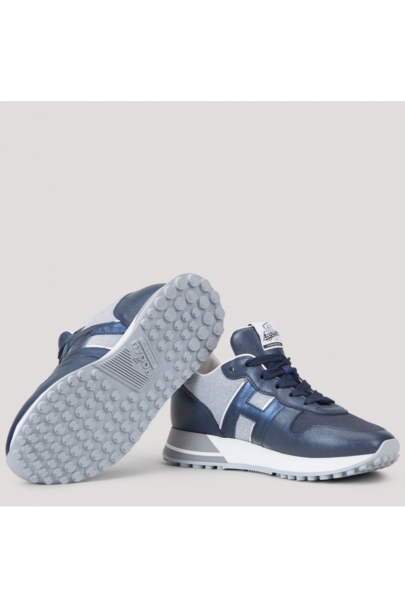 shop online Hogan H383 sneakers in navy leather and silver shiny canvas.