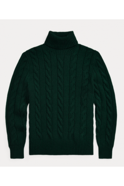 Green Cable Wool-Cashmere Roll Neck Jumper