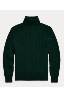 Green Cable Wool-Cashmere Roll Neck Jumper